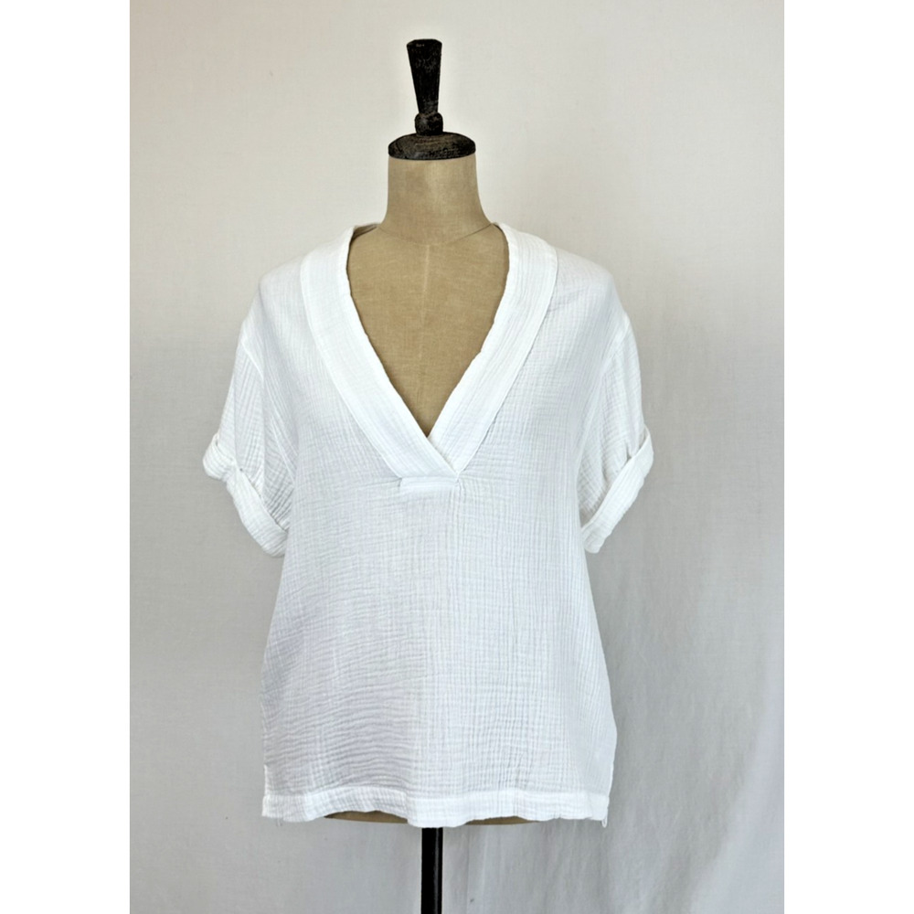 NWT Dear John Short Sleeve White V Neck Cotton Gauze OVERSIZED Top #0392 S